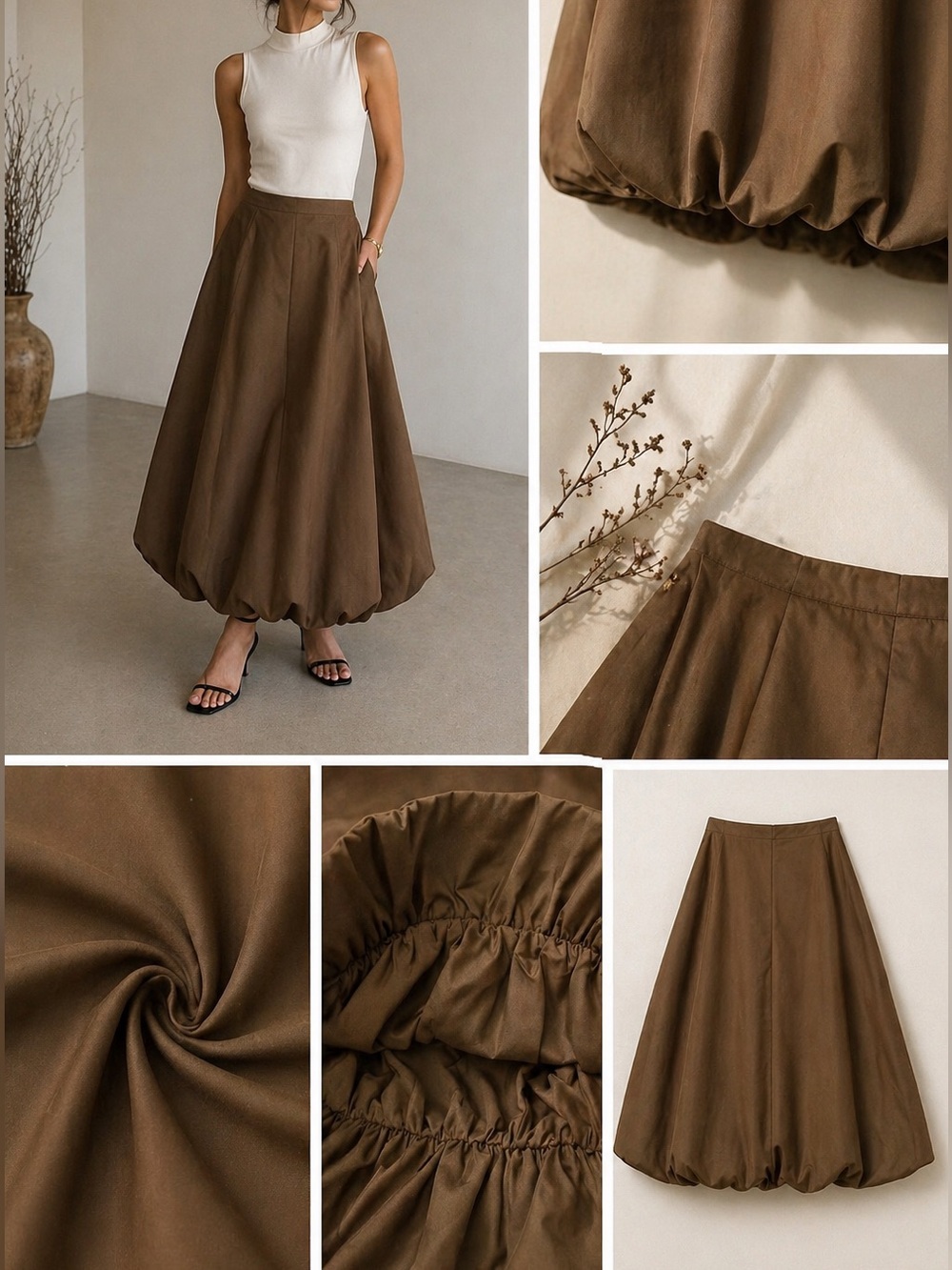 PrettyLittleThing Brown Balloon Midi Skirt High Waist Bubble Hem XS NWT